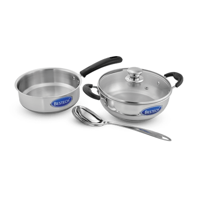 Heavy Stainless Steel Kadai with Glass Lid and Frying Pan