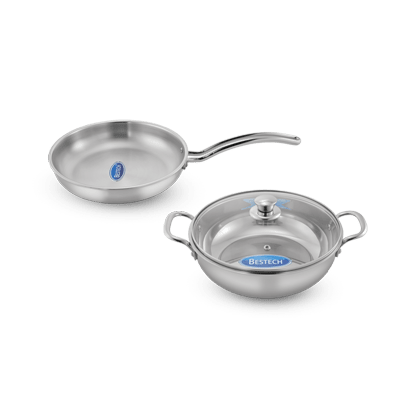 Stainless Steel Fry Pan and Kadai set with a glass lid
